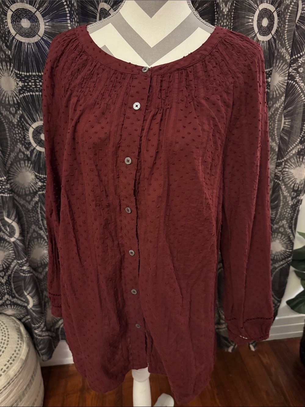 Talbots Button-Front Burgundy Swiss Dot Blouse Size 1X